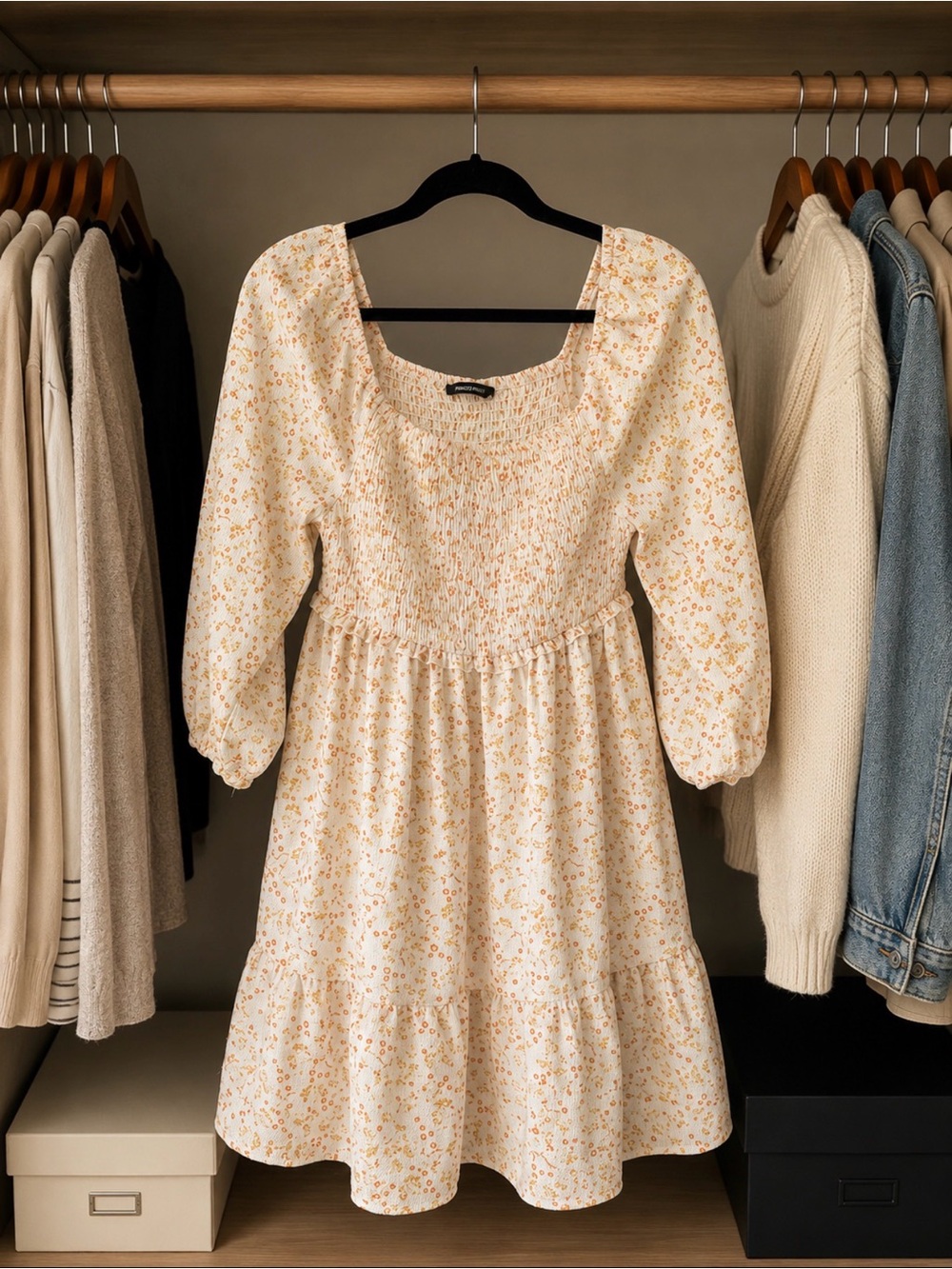 Dokotoo Smocked Mini Dress Cream Floral Puff Sleeve Cottagecore Boho